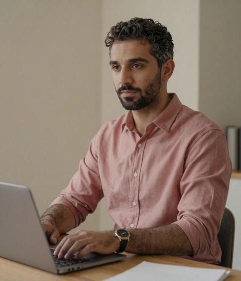 Elliot at his writing desk, reflecting on long-form dating conversations and male body acceptance