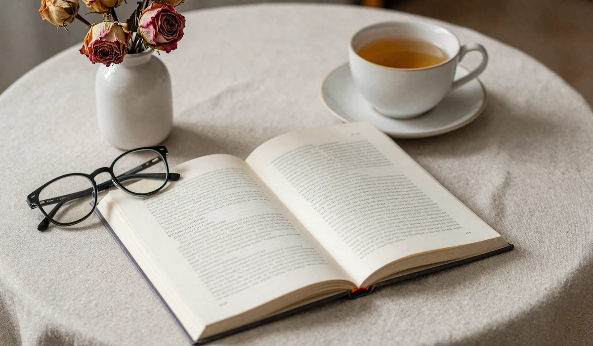 Research journal open next to tea and dried roses illustrating evidence-based review of penis size myths