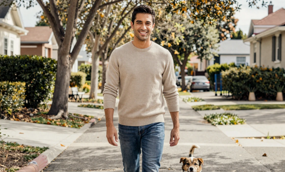 Man walking a small rescue dog on a sunlit street illustrating natural dating profile photos for men