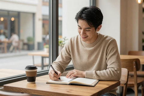 Man journaling thoughtfully in a sunlit cafe illustrating confidence-building daily practices