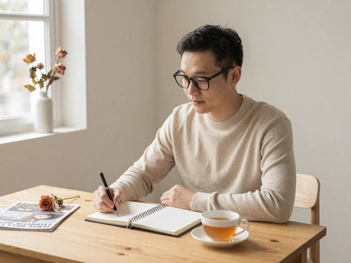 Man journaling in natural morning light, a quiet practice tied to male body positivity and confidence