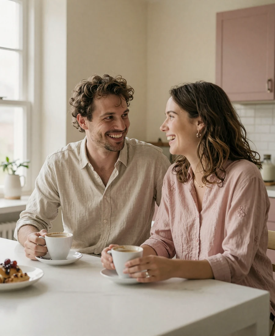 Two people in conversation over coffee illustrating communication-first intimate dating