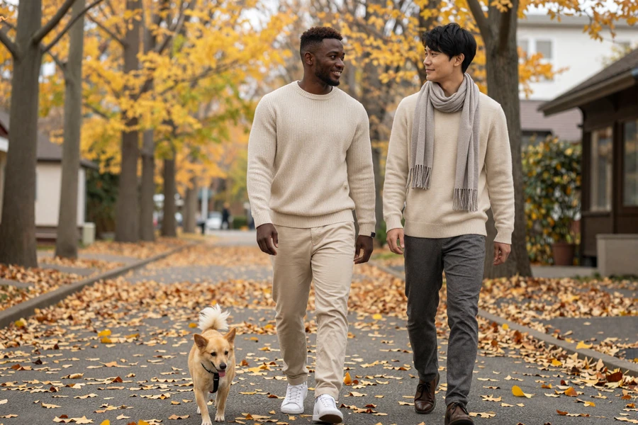 Malik and Kenji walking their dog on a Chicago autumn afternoon, size-positive dating success