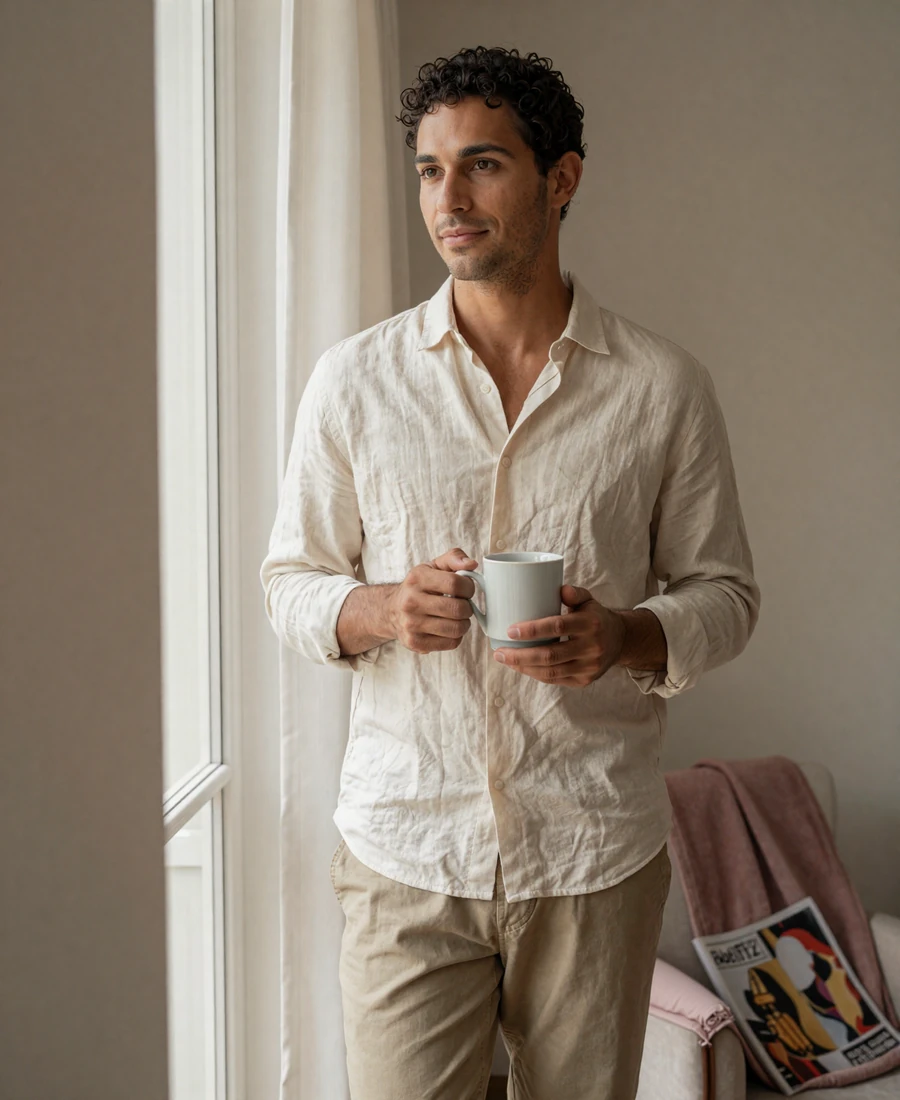 Calm natural-light portrait of a man at home, representing confident male body acceptance in small penis dating