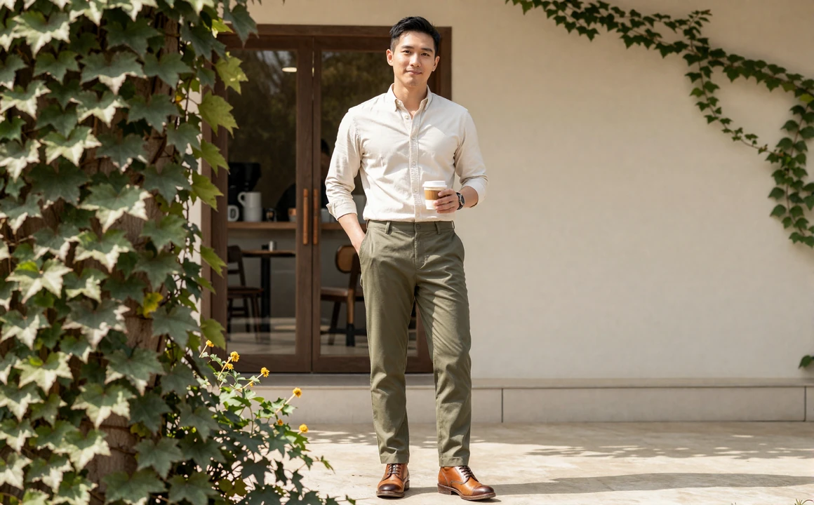 Man in cream oxford and olive chinos standing relaxed at a sunny cafe terrace illustrating first date outfit tips for men