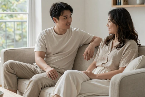 Couple in warm conversation on a linen sofa illustrating communication in relationships