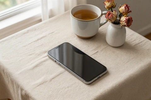 Phone on linen with tea and dried roses illustrating calm anonymous chat dating