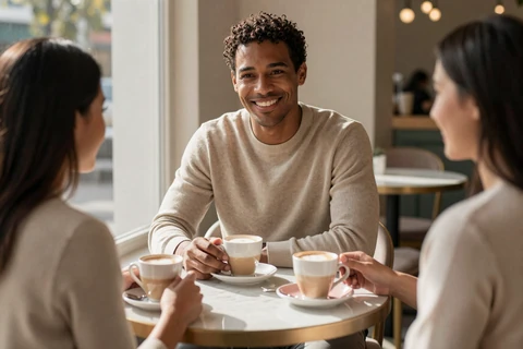 Man smiling on a relaxed first coffee date illustrating first date tips for men