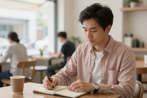 Man journaling in a bright cafe illustrating confidence building practices for men
