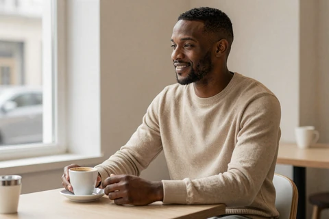 Man on a relaxed first coffee date illustrating first date tips for men